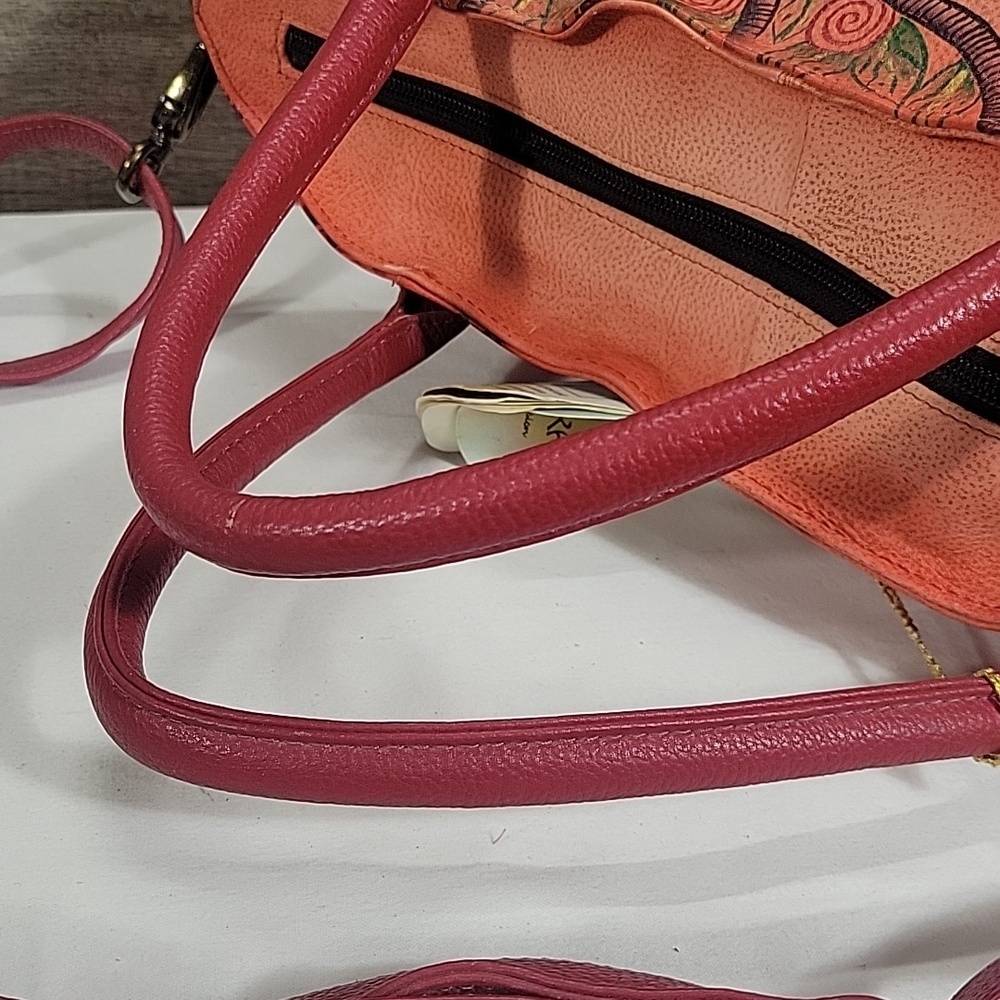 Anuschka Colorful Hand-Painted Village Tote Crossbody Bag - Red Handles New - Picture 7 of 16